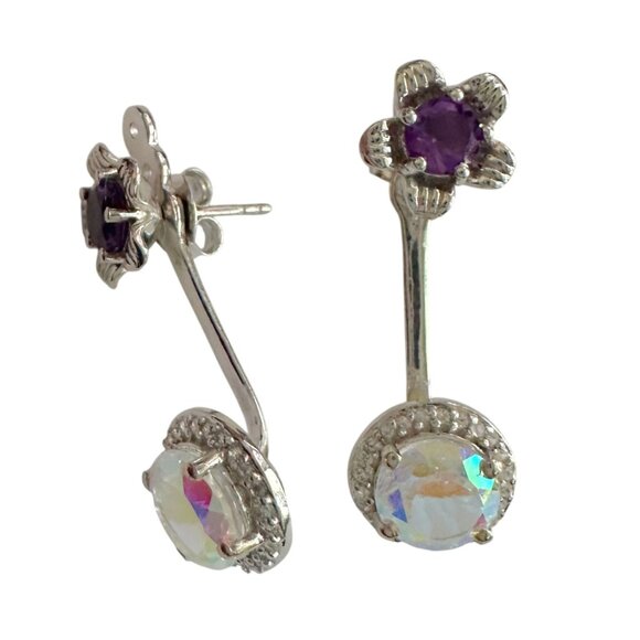 Amethyst Flower Stud Earrings with Beautiul (Removable) Rainbow Topaz Dangles - Picture 3 of 16